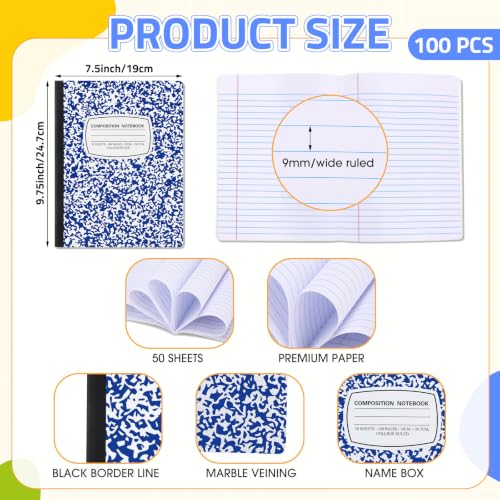 Fainne 100 Pack College Ruled Composition Notebooks B5 Composition Book Bulk 7.5 x 9.8 Inch 50 Sheets/ 100 Pages Marble Cover Journal Notebooks for College Office Back to School Supplies(Blue) - color: Blue