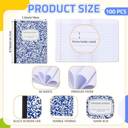 Fainne 100 Pack College Ruled Composition Notebooks B5 Composition Book Bulk 7.5 x 9.8 Inch 50 Sheets/ 100 Pages Marble Cover Journal Notebooks for College Office Back to School Supplies(Blue) - color: Blue