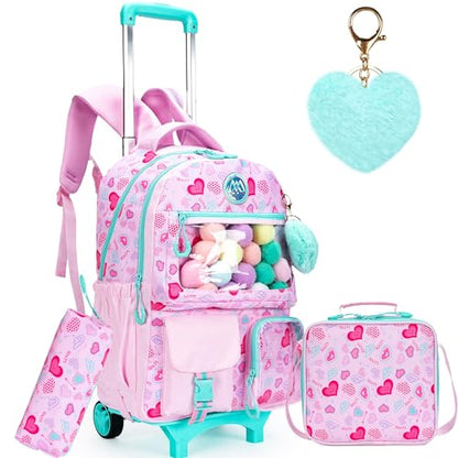Pink Rolling Backpacks with Wheels for Girls Aesthetic Rolling Backpack for Elementary with Lunch Box School Trolley Backpack for Girls School Supplies - color: Pinklove