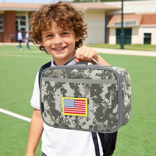FlowFly Kids Lunch box Insulated Soft Bag Mini Cooler Back to School Thermal Meal Tote Kit for Girls, Boys, Free USA Flag Patch Included - color: Digital Camo with Flag