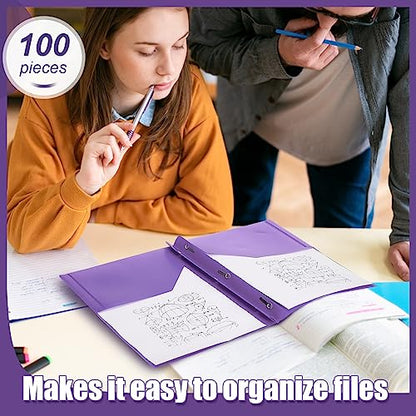 Lincia 100 Pcs Plastic Folders with Pockets and Prong Folders with Prongs 2 Pockets for Office, School for Students, Teachers, Office Workers(Purple) - color: Purple