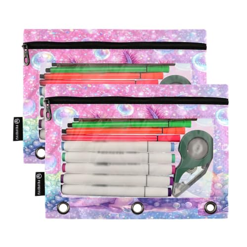 Gredecor 3 Ring Binder Pencil Pouch, Cute Axolotl Pink Bubbles Zippered Pen Case Pouches with Clear Window, 2 Pack Stylish Office & School Supplie - color: Cute Axolotl Pink Bubbles