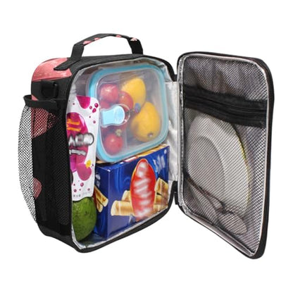 ALAZA Pink Red Bow Black Lunch Box Insulated Lunch Bag Kids Cooler Tote Bag Freezable Shoulder Strap Lunchbox for Girls School Picnic - color: Multi1057