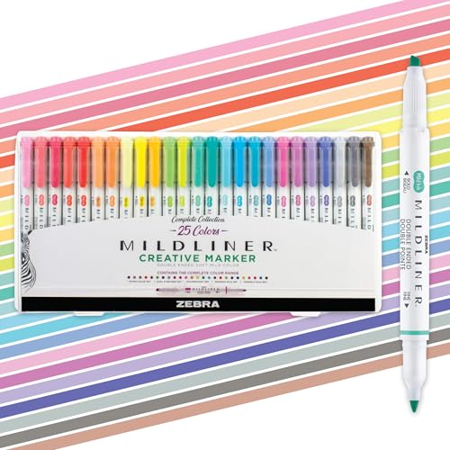 Zebra Pen Mildliner Dual-Tip Highlighter Marker Set, Broad and Fine Point Tips, No Bleed, Ideal for Bible Highlighting, Journaling, School and Office Supplies, Assorted Ink Colors, 25-Pack (78525) - color: Assorted E, size: 1 Count (Pack of 25)