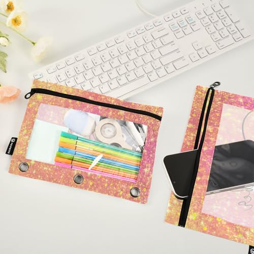 Personalized Pencil Pouch for 3 Ring Binder Bright Pink Shining Custom Pencil Pouches Case Binder Cosmetic Bag 2 Pack for Office School College Supplies - color: Bright Pink Shining