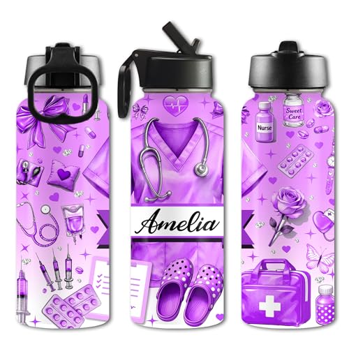 Custom Nurse Water Bottle 18oz 32oz Stainless Steel Insulated with Lid Personalized Nurse Gifts for Women Medical Staff Appreciation Gifts for Nursing Students Graduation Nurse Week Birthday - color: Design-4