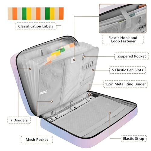 Rainbow Holographic 3 Ring Zipper Binder Accordion File Organizer Expanding File Folder Expandable for Documents A4 Letter Size