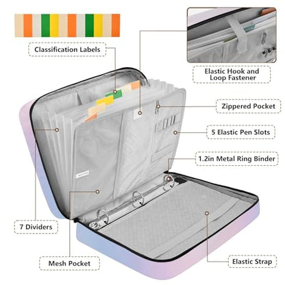 Rainbow Holographic 3 Ring Zipper Binder Accordion File Organizer Expanding File Folder Expandable for Documents A4 Letter Size