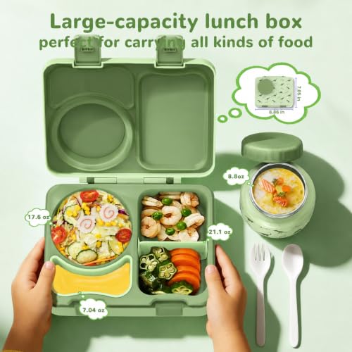 Kids Lunch Box with Thermo, Leakproof Bento Box for Kids with 8OZ Insulated Food Jar, Ice Pack, Sauce Cup, Utensils, Removable Tray & Dividers for School Daycare Travel (Dinosaurs) - color: Dinosaurs