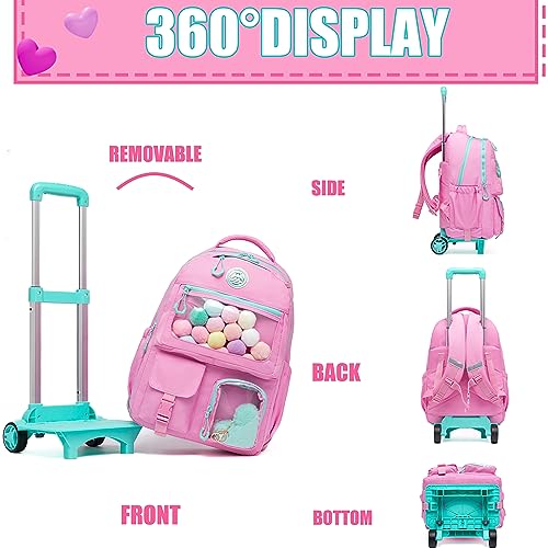 Rolling Backpack for Girls Kids Backpack with Wheels Backpacks for Elementary with Lunch Box Pencil Case Trolley Luggage - color: Pink