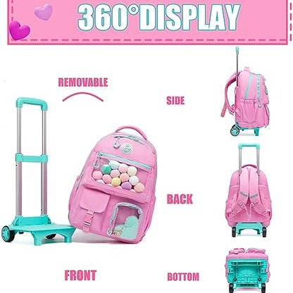 Rolling Backpack for Girls Kids Backpack with Wheels Backpacks for Elementary with Lunch Box Pencil Case Trolley Luggage - color: Pink
