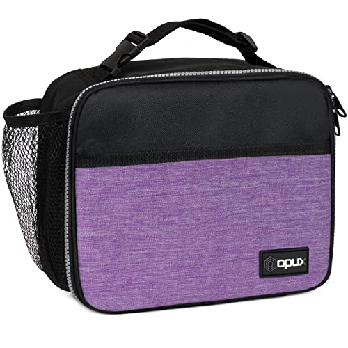 opux Insulated Lunch Bag for Kids, Reusable Lunch Box for School with Leakproof Lining, Compact Soft Cooler Tote for Boys & Girls, Front Pocket, Mesh Side Bottle Holder (Heather Purple) - color: Heather Purple