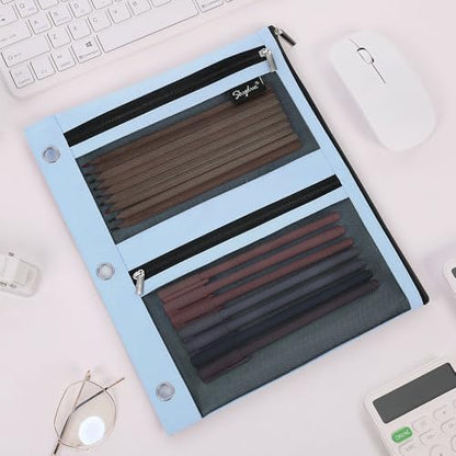 SKYDUE 3 Ring Pencil Pouch for Binder, Zipper Binder Pencil Pouch with 3 Pockets and Mesh Window, Durable Organizer for School Supplies, Cables, Earbuds, Makeup - color: Skyblue