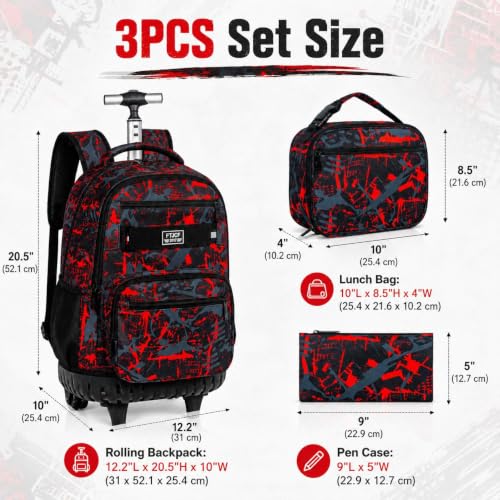 3Pcs Rolling Backpack for Boys Men, Travel Wheeled Backpacks for Adults, Teens College Roller Bookbag with Wheels for Men(Red) - color: Airbrush Red