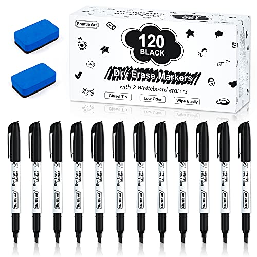 Shuttle Art Dry Erase Markers, 120 Pack Black Whiteboard Markers with 2 Erasers,Chisel Tip Dry Erase Markers, Perfect For Writing on Whiteboards, Dry-Erase Boards,Mirrors for School Office Home - color: 120 Black Chisel Tip