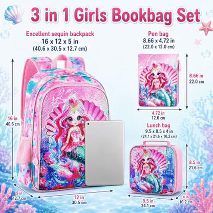 gxtvo 3PCS Girls Backpack, 16" Sequin Prechool Elementary Bookbag and Lunch Box - color: Bk Mermaid Pink New