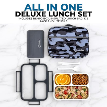 kinsho Camo Lunch Boxes for Boys Teens Adults - Bento Box Set with Insulated Bag and Ice Pack, 3 Compartment Leak Proof Food Container, BPA-Free, Microwave Safe, Ideal for School & Work, Black Gray - color: Black with Camo Bag