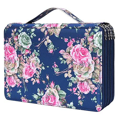 Vomgomfom 200 Slots Pencil Bag, 4-Layer Zipper Portable Art Supply Organizer, PU Leather Large Capacity Colored Pencil Case with Handle for 200 Watercolor Pens, Gel Pens (Blue Rose) - color: C Blue Rose, size: 200 Slots