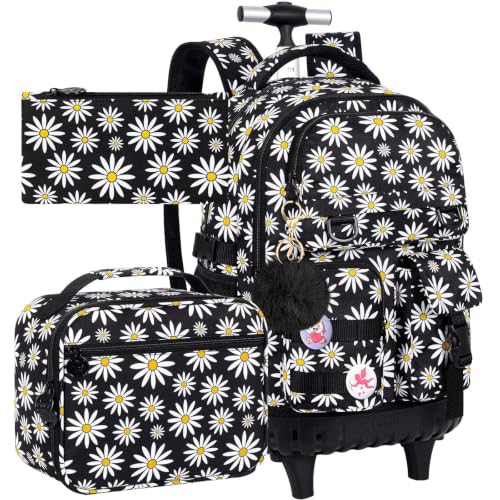 WZLVO 3PCS Wheeled Backpack, Water Resistance Girls Roller Bookbag with Wheels, Women Aesthetic Rolling School Bag Set with Lunch Bag & Pencil Bag for Teens & Kids - Black Chrysanthemum - color: 3pcs Girls Rolling Backpack - Black Chrysanthemum