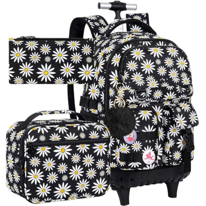 WZLVO 3PCS Wheeled Backpack, Water Resistance Girls Roller Bookbag with Wheels, Women Aesthetic Rolling School Bag Set with Lunch Bag & Pencil Bag for Teens & Kids - Black Chrysanthemum - color: 3pcs Girls Rolling Backpack - Black Chrysanthemum