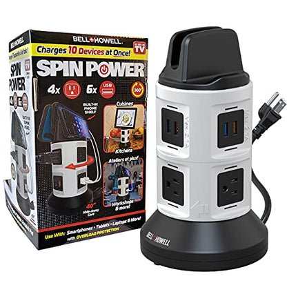 Bell+Howell 스핀 파워 스트립 타워 서지 프로텍터 - 콘센트 4개, USB 포트 6개, 101.6cm(40인치) 접이식 코드, 360° 회전 | 휴대폰 및 태블릿 홀더가 내장된 전기 충전 스테이션 | USB 콘센트 익스텐더
