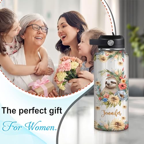 Hyturtle Personalized Sloth Water Bottle - Custom Name Insulated Stainless Steel Bottle with Leak-Proof Lid 18oz 32oz - Animal Lover Gift for Women Girls Sloth Lovers - Birthday & Christmas Gift - color: Sloth