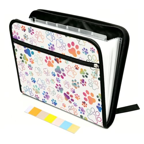 WEBEEDY Colorful Paw Prints Expanding File Folder 13 Pockets Cute Accordion File Organizer with Labels and Zipper, Portable Accordion Folder Paperwork Organiser for A4 Paper Document Photo Receipt - color: Colorful Paw Prints