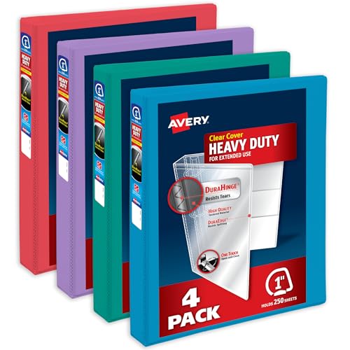 Avery Heavy-Duty View 3 Ring Binders, 1 Inch One Touch Slant Rings, 250-Sheet Capacity, Assorted Bright Colors, 4-Pack (79630) – for School, Office, Teachers, Classrooms & Home Organization - color: Assorted Brights, size: 1"