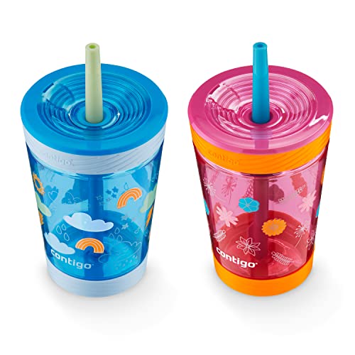 Contigo Kids Spill-Proof Tumbler with Straw 14 oz. 2 count(Pack of 4) - color: Dragonfruit Wildflowers & Blue Poppy Clouds, size: 14 ounces (Pack of 4)
