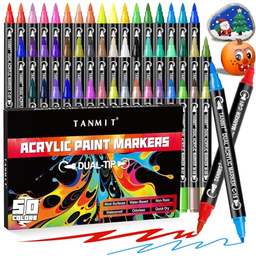 50 Colors Acrylic Paint Markers, Dual Tip Acrylic Paint Pens with Fine Tip and Brush Tip for Rock Painting, Ceramic, Wood, Plastic, Calligraphy, Scrapbooking, Brush Lettering, Card Making, DIY Crafts - color: 50 Colors