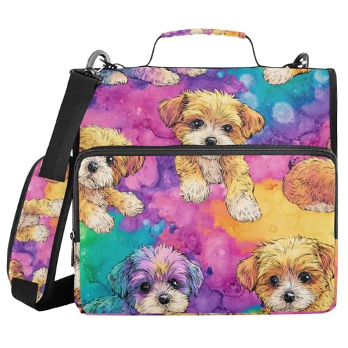 ALAZA Dogs Rainbow Marble Zipper Binder 1.5 inch 3 Ring Binder Organizer with Shoulder Strap and Handle for Home Office Work