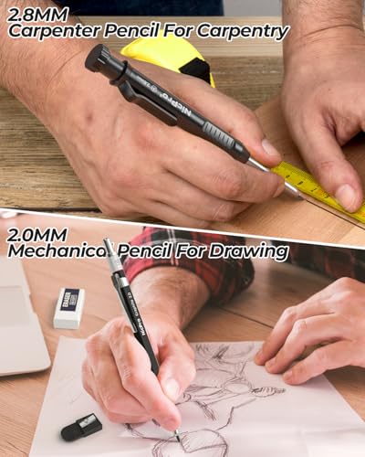 Nicpro 18 Pack Carpenter Pencils Mechanical, Construction Pencils with 60 Refill, Automatic Center Punch and Carbide Scribe Tool, 2.0mm Mechanical Pencil for Woodworking, Best Carpenters Marking Tool - size: 18 Pack