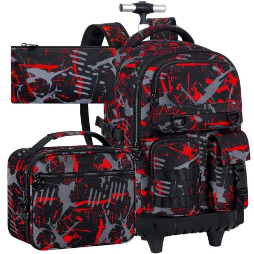 WZLVO 3PCS Boys Rolling Backpack, Water Resistance Roller Bookbag, Wheeled School Bag Set with Lunch Box & Pencil Bag for Teens & Kids - Spray Painted Red - color: 3PCS Boys Rolling Backpack - Spray Painted Red