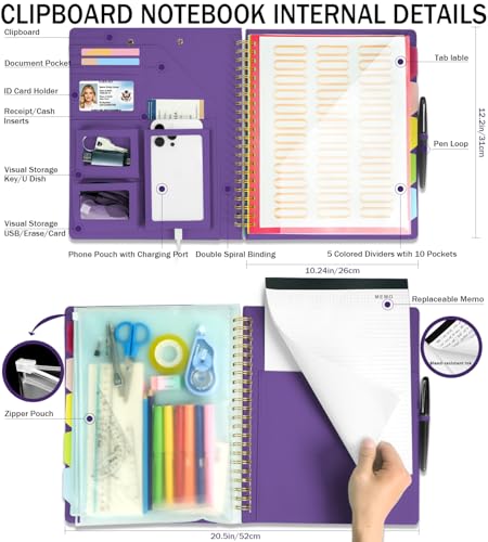 Purple Foldable Spiral Clipboard Folio with Storage Zipper Pouch, 5 Plastic Folders with Pockets,Refillable Lined Notepad (8.5" x 11"), Hardcover Project Organizer with 36 Stickers - color: Purple