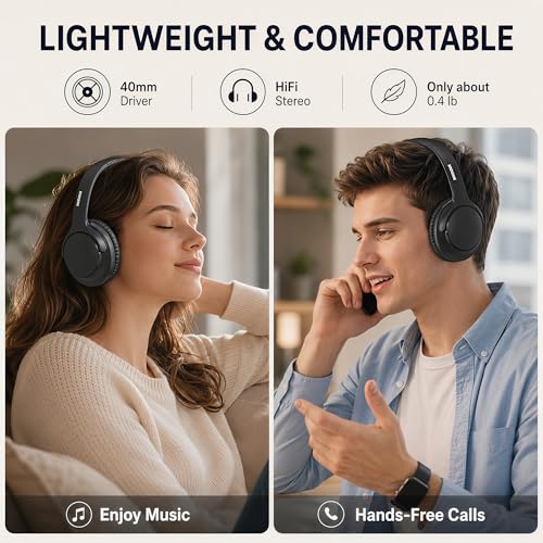 MIDOLA Bluetooth Headphones Over Ear, 68H Playtime Wireless Headphones with Microphone, 6 EQ Modes, HiFi Stereo Deep Bass, Foldable Lightweight Headset for Home Office, Cellphone, PC, Black - color: Black