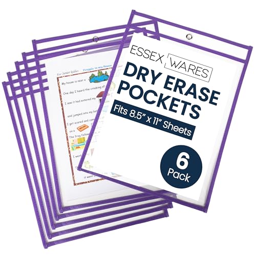 Essex Wares - 6 Pack, Purple, Dry Erase Pocket Document Protectors, 10" Wide x 13.5" Tall - Dry Erase Clear Plastic Sleeves - Reusable & Easy Erase Plastic Invoice Holders, Water-Resistant & Durable - color: Purple