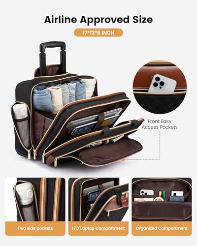 LOVEVOOK Rolling Laptop Bag Women, Briefcase for 17.3 Inch with Wheels Computer Case Work Travel Business，V Quilted-Black-Brown - color: V Quilted-Black-Brown
