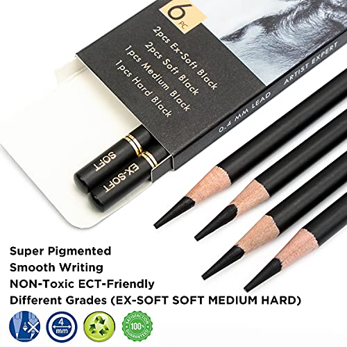Brusarth Professional Charcoal Pencils Drawing Set - 6 Pieces Soft Medium and Hard Charcoal Pencils for Drawing, Sketching, Shading - color: Black