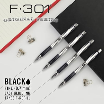 Zebra Pen F-301 Ballpoint Black Ink Fine Point 0.7mm Pen, Easy-Glide Ink, Stainless Steel Retractable, Non-Slip Grip, Professional Design, Ideal for Office, Journal and Planner Use, 4-Pack (27114) - color: Black D