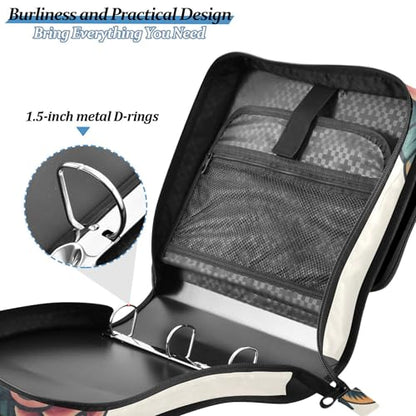 Vintage Old-School Tattoo Zipper Binder with Shoulder Strap & Handle for Easy Carry, 1.5 Inch 3-Ring Binder for School, Expansion Panel and Expanding File