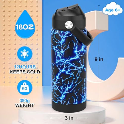 Boys Water Bottle with Straw,18 oz Kids Insulated Cups with Stainless Steel Leak Proof for School,Sport&Travel（2pack，Lightning+Geometry-R） - color: C10.Lightning+Geometry-R