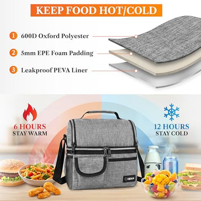 opux Insulated Lunch Bag Women Men, Dual Compartment Leakproof Lunch Box Adults Kids, Double Decker Meal Prep Bento Lunch Cooler Tote with Shoulder Strap for Work Office School Travel, Gray - color: Heather Gray