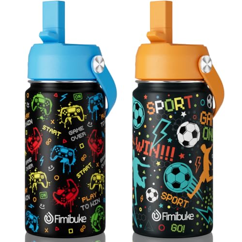 Fimibuke Kids Insulated Water Bottle, 14oz BPA FREE Double Wall Vacuum Tumbler 18/8 Stainless Steel Leak Proof Kids Cups with Straw Metal Water Bottle for School Boys Girls, 2 Pack - color: Game & Soccer