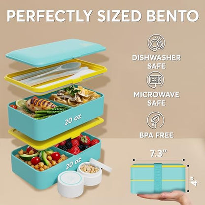 Umami Bento Box Adult, Leakproof, All-in-1 Lunch Containers for Adults | 40 oz, microwave & dishwasher safe, 4 utensils & sauce jar included, stackable, BPA-free, Fresh Turquoise - color: Fresh Turquoise, size: M - 40 oz