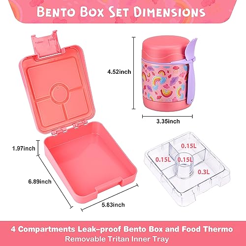 Pawtong Bento Lunch Box Set With 10oz Soup Thermo, Leak-proof Lunch Containers with 4 Compartment, Kids Hot Thermo Food Jar/Insulation Lunch Bag, Food Containers for School（Rainbow） - color: Pink-Rainbow