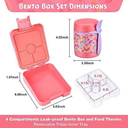 Pawtong Bento Lunch Box Set With 10oz Soup Thermo, Leak-proof Lunch Containers with 4 Compartment, Kids Hot Thermo Food Jar/Insulation Lunch Bag, Food Containers for School（Rainbow） - color: Pink-Rainbow