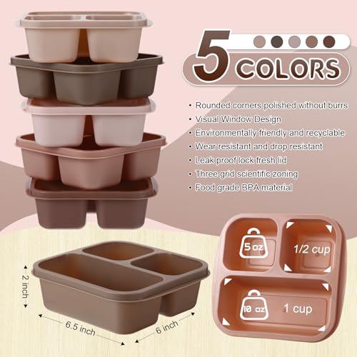 Honeydak 5 Pack Snack Containers 3 Compartment Bento Snack Boxes Divided Meal Prep Containers with Lids Reusable Adults Lunch Food Storage Box for School Work Travel(Cream Brown) - color: Cream Brown
