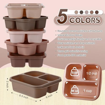 Honeydak 5 Pack Snack Containers 3 Compartment Bento Snack Boxes Divided Meal Prep Containers with Lids Reusable Adults Lunch Food Storage Box for School Work Travel(Cream Brown) - color: Cream Brown