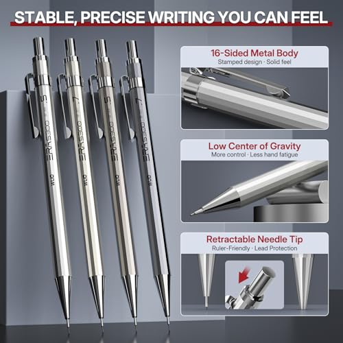 WUO 0.5&0.7mm Mechanical Pencil Set with Eraser Pen, 8PCS Metal Mechanical Pencils, 480 HB Lead Refills, 3PCS 4B Erasers, 10PCS Eraser Refills for Writing, Drafting, Drawing & Sketching