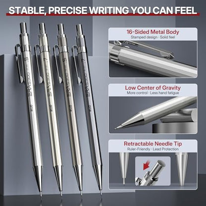 WUO 0.5&0.7mm Mechanical Pencil Set with Eraser Pen, 8PCS Metal Mechanical Pencils, 480 HB Lead Refills, 3PCS 4B Erasers, 10PCS Eraser Refills for Writing, Drafting, Drawing & Sketching